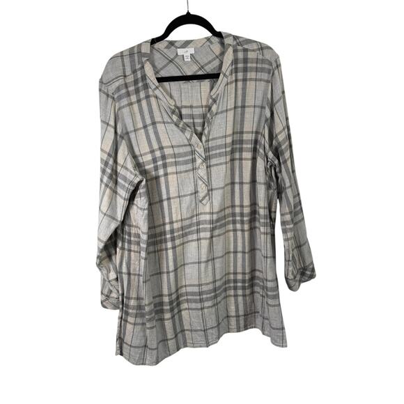 J Jill Grey Plaid Top Popover Blouse Cotton Modal Western Womens Plus Size 2x - Picture 1 of 6